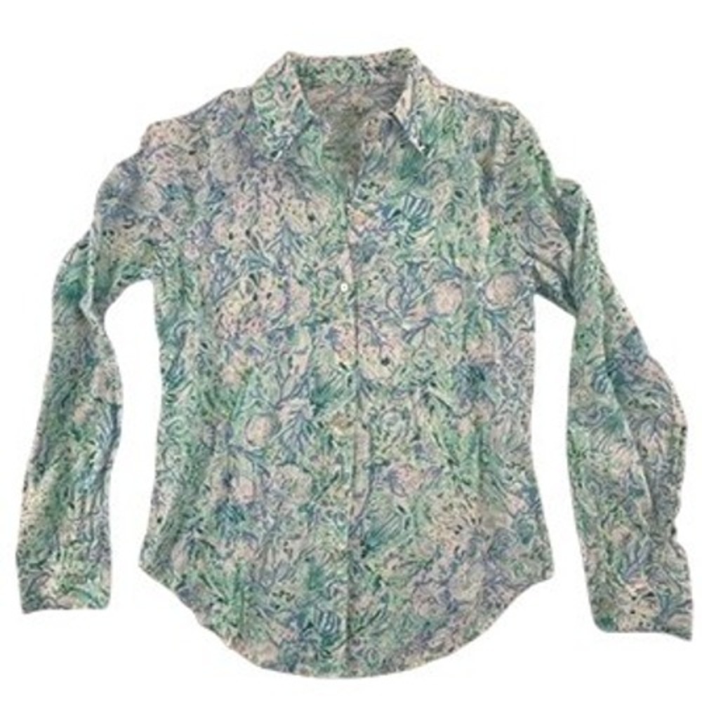 Lilly Pulitzer Womens XXS Button Down Sea View Shirt‎ Green Blue Shells Print